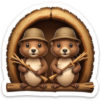 a beaver couple, one a female with a bow on her head in a beaver home made of sticks and logs sticker