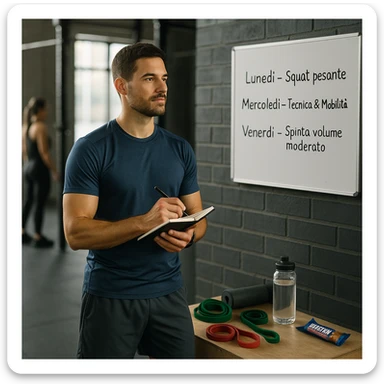 Athletic 30-year-old man in a modern gym, standing near a whiteboard with a weekly plan in Italian: 'Lunedì – Squat pesante', 'Mercoledì – Tecnica & Mobilità', 'Venerdì – Spinta volume moderato'. He looks at it calmly, wearing technical sportswear, holding a pen and notebook. Around him: resistance bands, mobility tools, water bottle, protein bar. Relaxed and strong posture. Other athletes in the background. Natural light, fitness-lifestyle style, slightly cinematic. sticker
