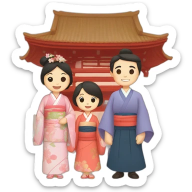 father, mother, and two kids with kimono in a temple sticker