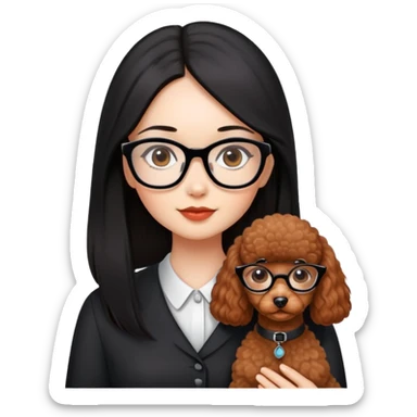 A beautiful girl with glasses with fair skin has long straight black hair and a miniature reddish-brown Poodle. sticker
