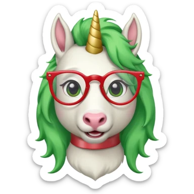 white furred unicorn with green hair and big red earrings looking into camera and spectacle sticker