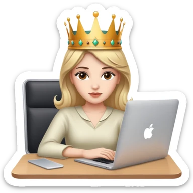 Attractive woman with crown on her head sat at the desk with MacBook sticker
