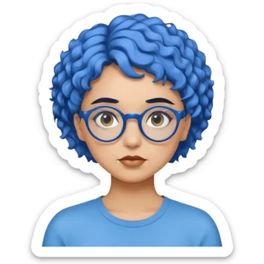laydy with short, curly blue hair, matching blue eyebrows, light brown skin, round black glasses, and a neutral facial expression. sticker