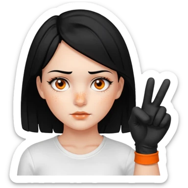 Girl with Black hair , scars on her nose to her left cheeks,orange eyes, withe shirt, pointing at you , with black gloves  sticker