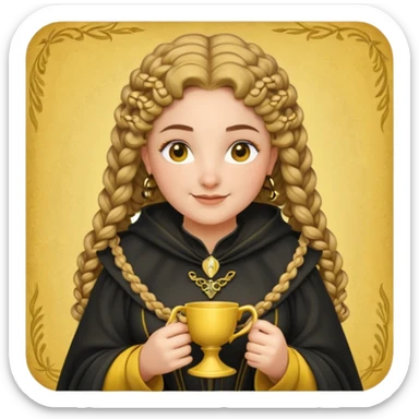 Helga Hufflepuff, 2 curly thick brown braids, yellow-black medieval dress, black cloak decorated with gold braiding, tiny two-handled shiny yellow-gold cup, very kind smile, curvy busty sweet woman, thick rosy cheeks sticker