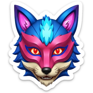 Ancient wooden mask, broken in half, luminous and neon with red, blue, and pink fox-like glow. Fragments of the mask scattered around. sticker