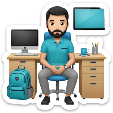man with blackshot male hair and black hair and beard and hes in a office with his grey backpack on the floor and he has a tourquos polo shirt with backpack on floor on desk computer and grey pants sticker
