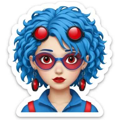 blue curly haired girl with huge earrings, wearing red paintball eye protection, only face  sticker