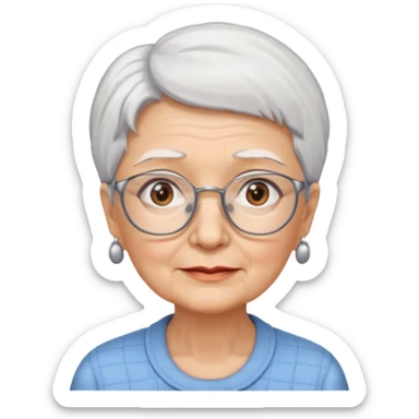 Create me emoji of an old lady. Short white hair to left side. Square glasses. Brown eyes. Rounded bigger face. Wide nose sticker