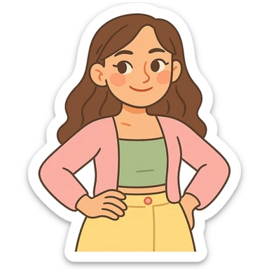 girl with clear skin, bright eyes, healthy hair, warm confident smile, soft girl aesthetic, pastel colors, gentle makeup, coordinated outfit sticker
