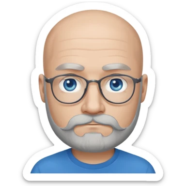 Bald man with blue eyes grey beard and moustache. Hipster. No glasses. Black T-shirt  sticker