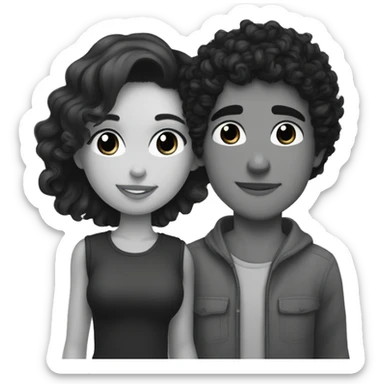 A dark-haired girl with freckles and a fair face kisses a dark-haired and curly guy with gray eyes on the cheek sticker