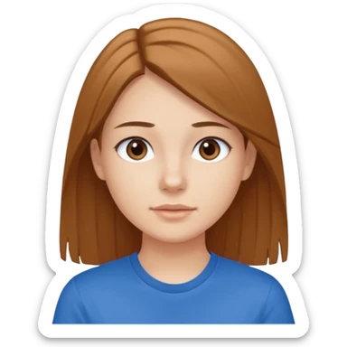 young brawn-eyed woman with straight hair with a blue t-shirt with  sticker