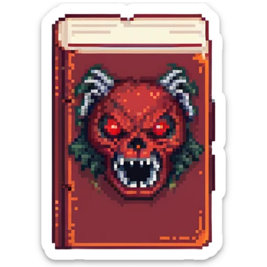 Make the red cursed book look even more evil with sharp teeth, glowing red eyes, and dark energy. Pixel art style with no background. sticker