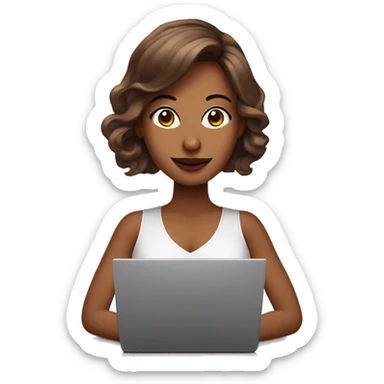 mujer cabello castaño piel blanca con ojos grandes cafe, con una laptop y vestida de rosa sticker