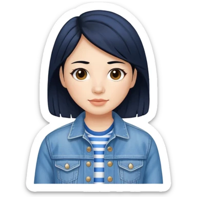 Teresa Li in black hair, wearing blue and white striped shirt and denim jacket sticker