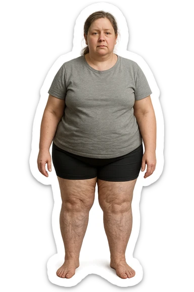 donna realistica leggermente in sovrappeso con vene visibili sulle gambe e gambe gonfie, iperrealistica 4k, IPERREALISTICA 4K sticker