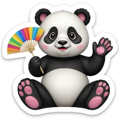 A panda waving a painted fan joyfully, cheeks puffed in excitement sitting
 sticker