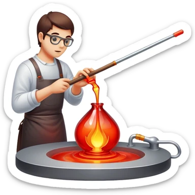 Glassblowing and casting icon, molten glass being shaped into a delicate object with a blowpipe, glowing red-hot glass being poured into a mold, unfinished glass sculpture, minimalistic style, clean lines, transparent background. sticker