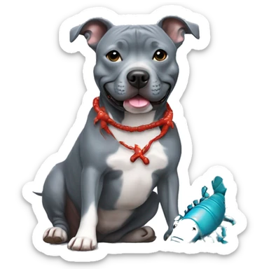 Blueish gray Staffy with lobster toy  sticker