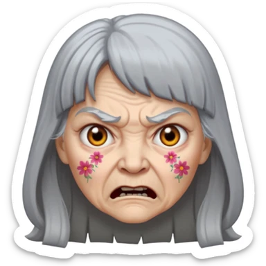 Angry old woman with long gray hair and bangs and scary eyes in a moomoo sticker