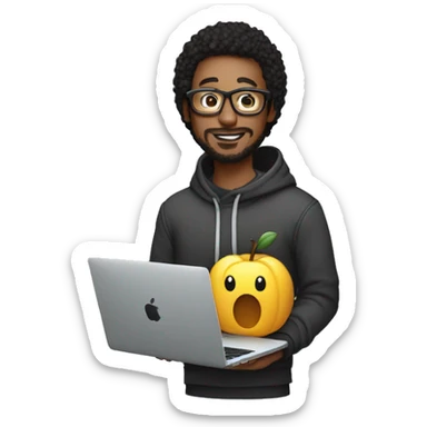a designer in glasses and a hoodie holds a mac book in his hands sticker