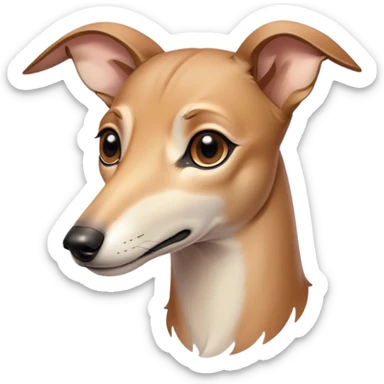 Cinematic Noble Fawn Greyhound Portrait Emoji, Poised and regal, with a slender, aerodynamic build and a smooth, elegant fawn Fur, deep-set soulful eyes, Simplified yet sharp and sophisticated features, highly detailed, glowing with a soft, dignified glow, high shine, intelligent and agile, stylized with an air of grace, focused and attentive, soft glowing outline, capturing the essence of a watchful and swift companion, so majestic it feels as though it could dash out of the screen with effortless authority! sticker