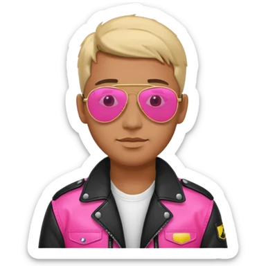 1980s man wearing reflective neon pink aviator sunglasses and a pilot jacket sticker