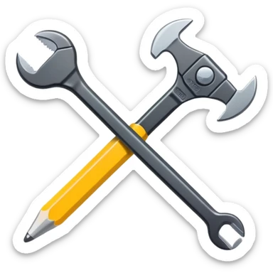 A flat-style illustration of a crossed pencil and wrench. Clean, minimal, black icon on white background, cartoon style, iOS emoji aesthetic. sticker