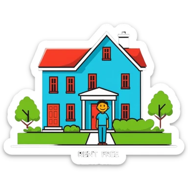 happy person in front of a house labeled 'rent free' sticker