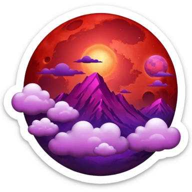 Crimson red planet with clouds and a purple sun behind it sticker