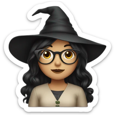 girl with black long hair, glasses and witch hat sticker