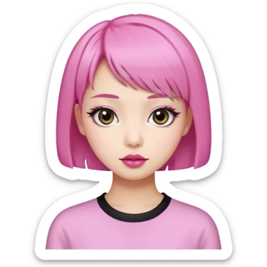 An Asian girl with Fashion pink short hair, big eyes, thick eyebrows, and long eyelashes;  sticker