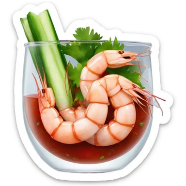 Shrimps in clear glass with red sauce and cilantro and onions cucumber  sticker