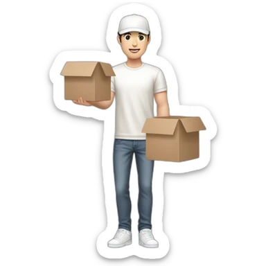 Pale skinned fit Man with dark brown hair in a white cap, gray jeans and beige polo T-shirt keeping a pasted box into his hands sticker
