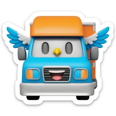 cute delivery truck with tiny eagle wings, friendly logistics emoji mascot, blue and orange colors, clean flat emoji style sticker