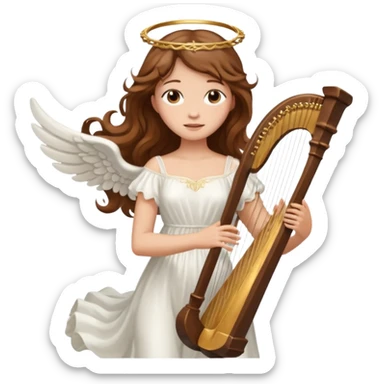 Female angel holding harp with flowing brown hair sticker