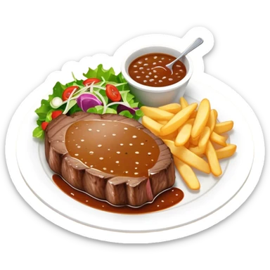big juicy australian steak meal featuring chips, small salad in a ramiken and gravy  sticker