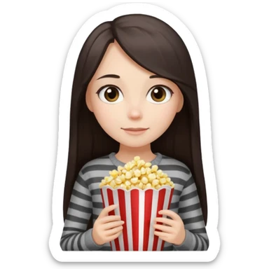 girl with dark brown straight long hair, striped light sweater, gray beautiful eyes, holding popcorn in her hands sticker