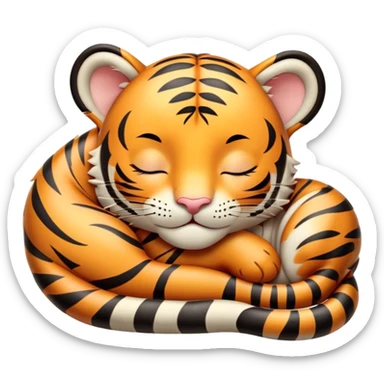 Meme-Worthy cute Sleeping Tiger Cub Portrait Emoji, Head resting peacefully with a contented smile, showcasing a luxuriously soft, striped form and eyes gently closed in serene slumber, Simplified yet comically adorable features, highly detailed, glowing with a soft, drowsy wild light, high shine, relaxed and utterly lovable, stylized with an air of playful laziness, bright and heartwarming, soft glowing outline, capturing the essence of a sleeping tiger cub that feels destined to become the next viral icon of adorable rest! sticker