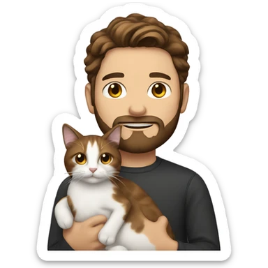 A white man with dark brown hair and beard holding calico cat sticker