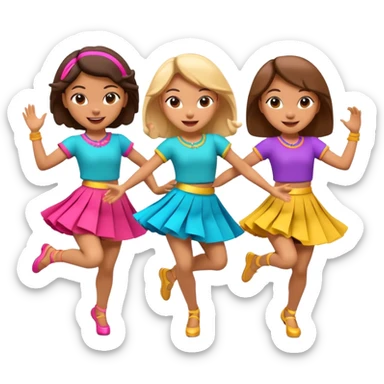 Three 3D cartoon dancers in colorful skirts kicking in rhythm, cheerful pose, bright studio background, Memoji-style. sticker