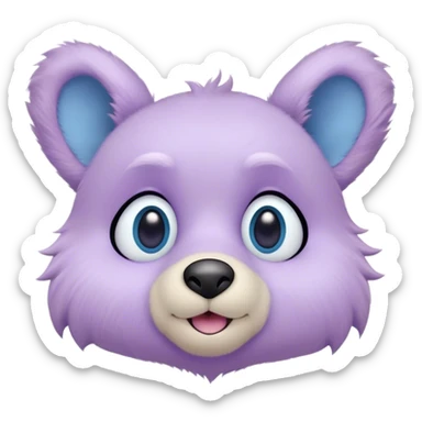 A creature with pastel purple fur and large pixar blue eyes and small ears like a teddy bear. The base around the eyes, nose and mouth is white. The blush sticker