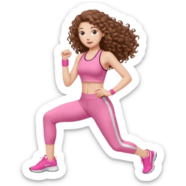 pale white girl with long brown curly hair exercise pink sticker