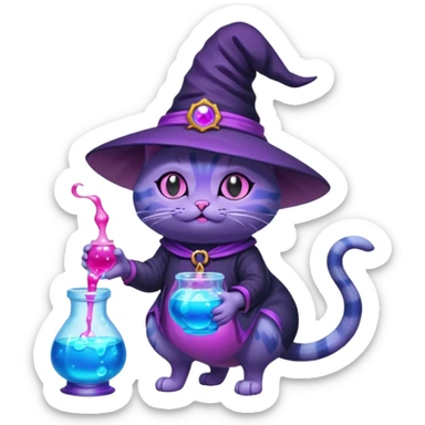 Purple witch cat full body with pink potion neon  and blue potion bubbling neon sticker