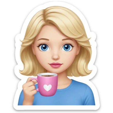 Girl Blonde short wavy hair,  blue eyes, cute blue top, long lashes, pink lips, holding white hot coffee mug sticker