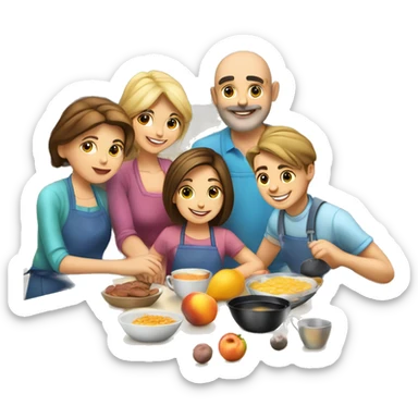 6 caucasian family members preparing breakfast at kitchen  sticker