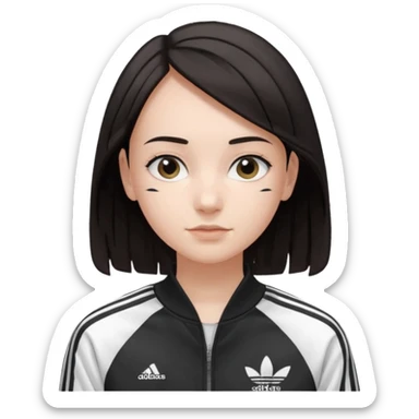 A girl with  medium length, dark hair, fair skin. The style is a layered cut that falls around her shoulders. wore black Adidas track jacket with white stripes on the sleeves. It has a full zipper down the front, a stand-up collar, and the Adidas logo on the right chest emoji sticker