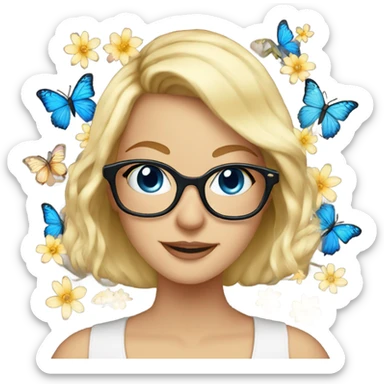 Gorgeous blond lady blue eyes wearing glasses with flowers and butterflies sticker