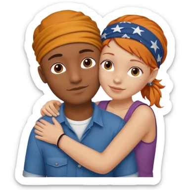 Two people naked hugging, brown man with bandana no hair, white girl ginger hair sticker